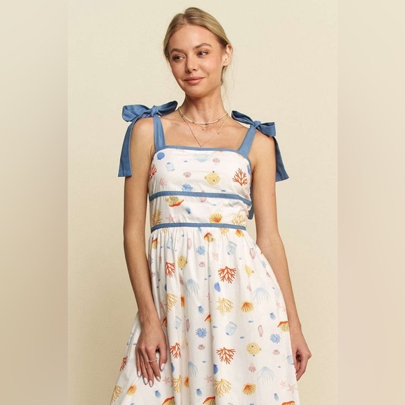 Floral White and Blue Maxi Denim Binding Detail Smocking Summer Maxi Dress - Picture 6 of 10